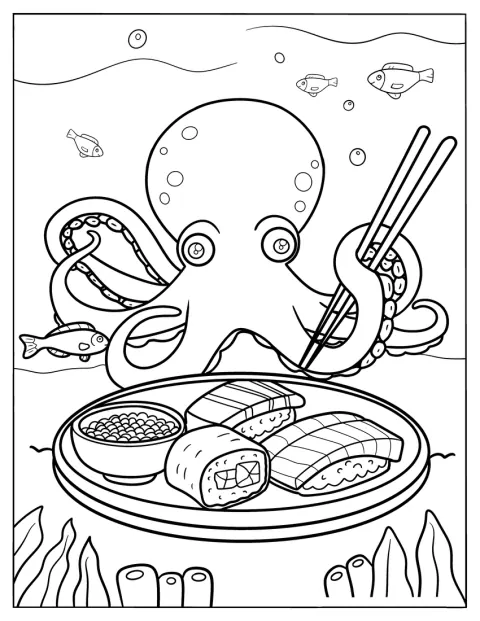 Chobotnice si pod vodou pochutnává na sushi.