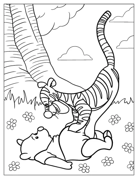 Pooh og Tigger leger sammen i skyggen under et træ.