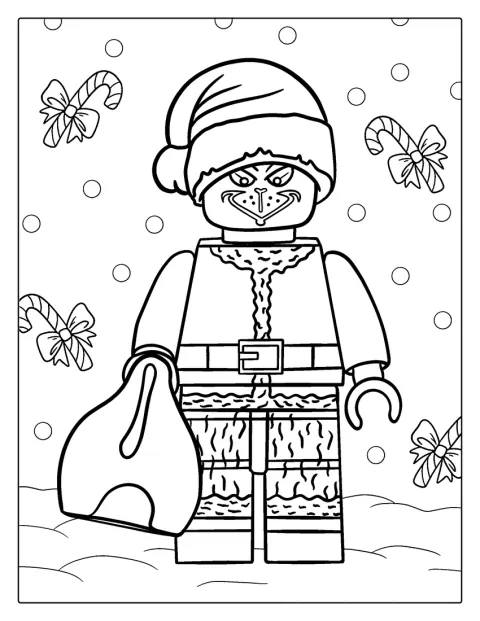 Il Grinch, in versione Lego, posa con la sua tipica espressione birichina.