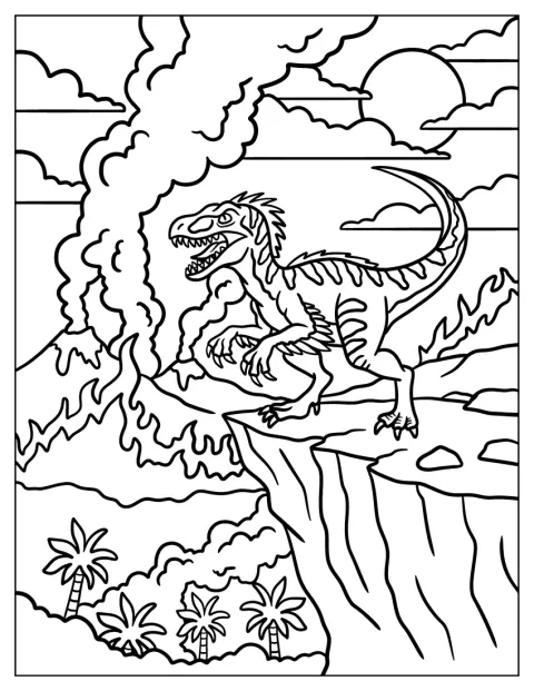 Un velocirraptor vigila su huevo sobre un acantilado junto a un volcán.