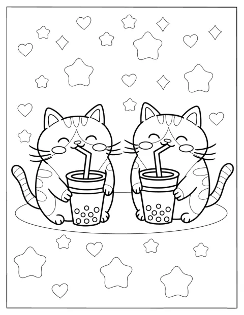 Dois gatos às riscas bebem chá de tapioca com palhinha.