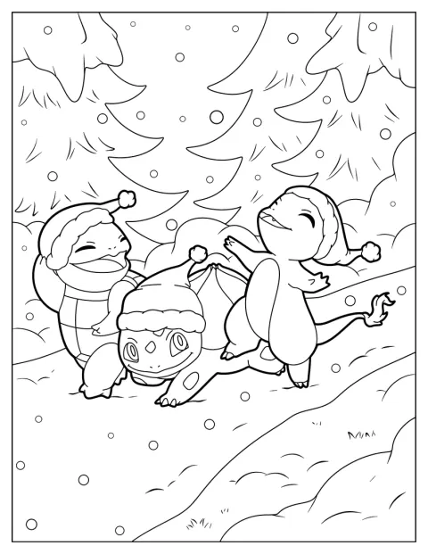 Charmander, Bulbasaur és Squirtle együtt sétálnak a hóban.