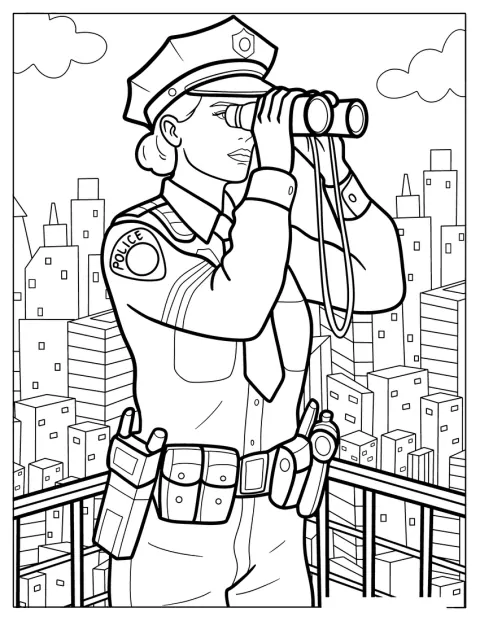Ein Polizist schaut mit einem Fernglas über die Skyline der Stadt.