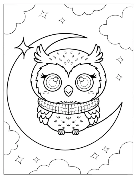Un búho bebé se sienta sobre una luna creciente.