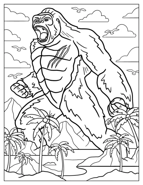 De getekende littekens op King Kong vallen op terwijl hij brult op Skull Island.