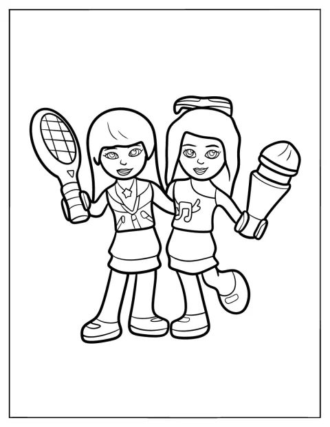 Stephanie e Olivia, de Lego Friends, usam equipamento de ténis.