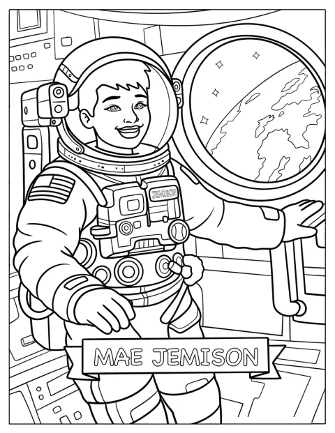 Mae Jemison posa con su traje de astronauta.