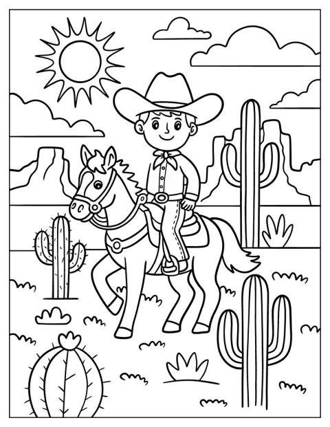 Young Cowboy Riding Horse Through Texas Coloring Page Desert with Cacti For Kids