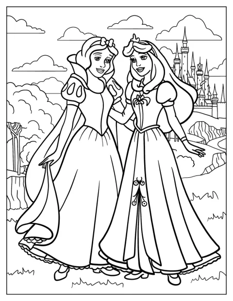 Sleeping Beauty Coloring Page Of Snow White And Aurora Outside A Castle