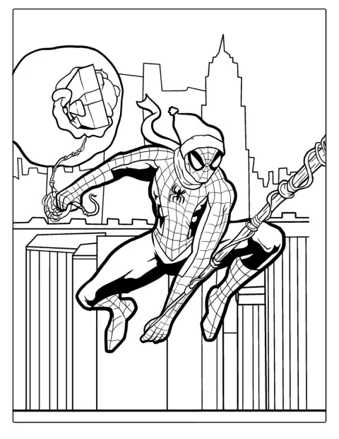 Spider-Man bär en säck med julklappar.