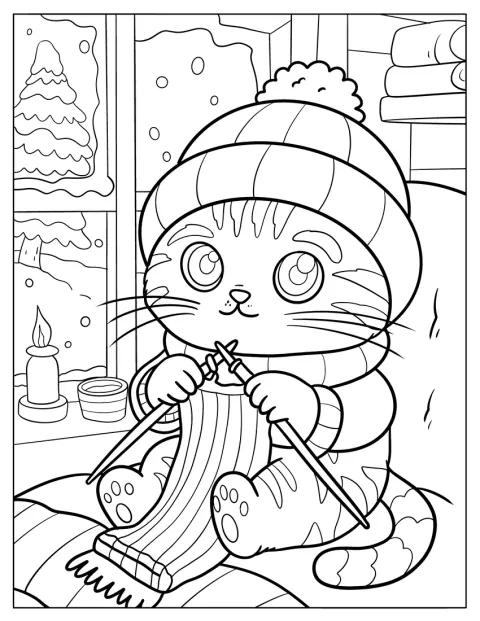 Eine Katze mit Mütze strickt im Winter auf einem Stuhl am Fenster.