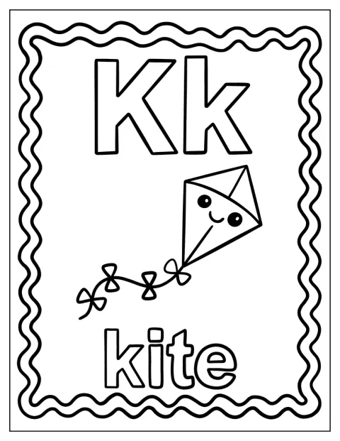 Uma letra K de estilo kawaii aparece com um papagaio de papel.