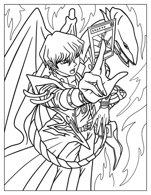 Seto Kaiba står med Blue-Eyes White Dragon under en duell.