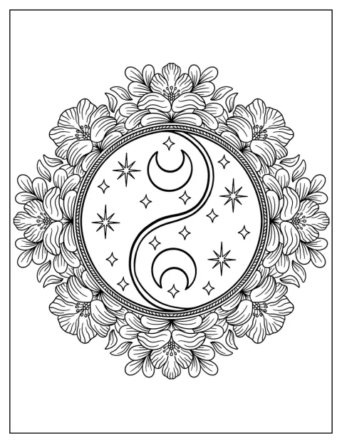 En halvmåne, stjerner og blomster pryder yin og yang-symbolet.