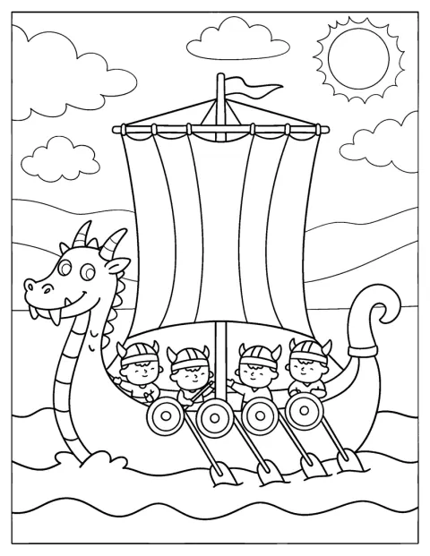 Cute Viking Crew Sailing a Dragon Headed Longship Coloring Sheet for Kids