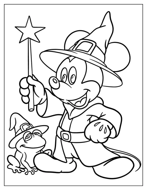 Mickey Mouse v roli čaroděje je se svým domácím žabím kamarádem.