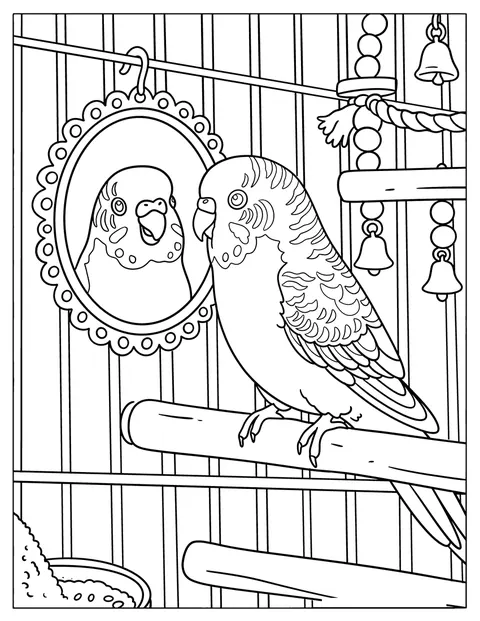 Andulka si prohlíží svůj odraz v zrcadle.