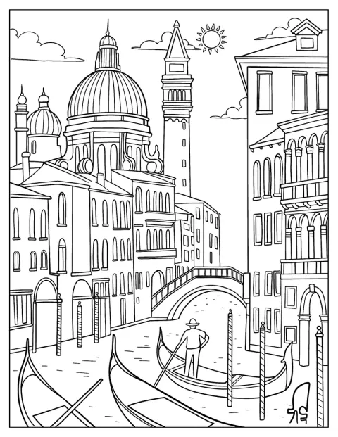 Gôndolas deslizam pelo canal entre edifícios históricos de Venice.