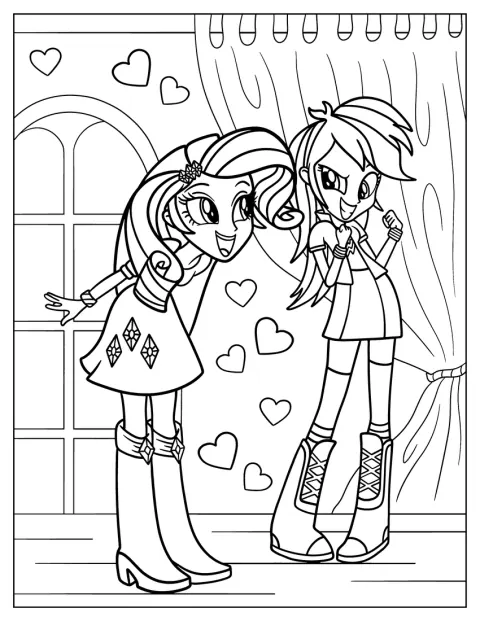 Equestria Girls -hahmot Rarity ja Rainbow Dash seisovat yhdessä.