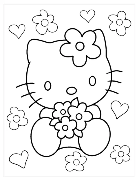Hello Kitty hält einen Strauß Blumen in den Händen.