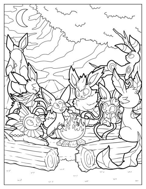 Sylveon Coloring Page With Other Eevee Evolutions Around Bonfire