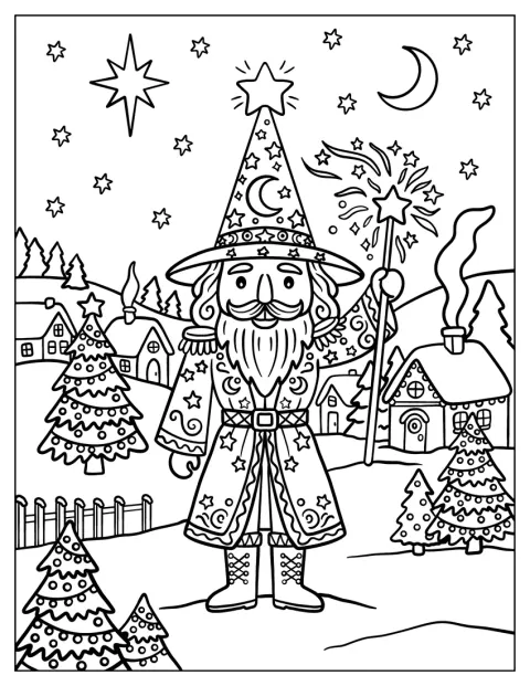 Um quebra-nozes vestido de feiticeiro segura uma varinha em forma de estrela numa aldeia de Natal.