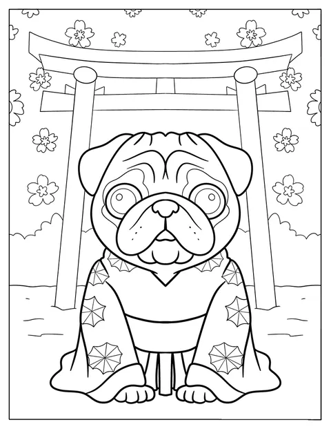 Pug Coloring Page in Kimono at Japanese Torii Gate For Kids