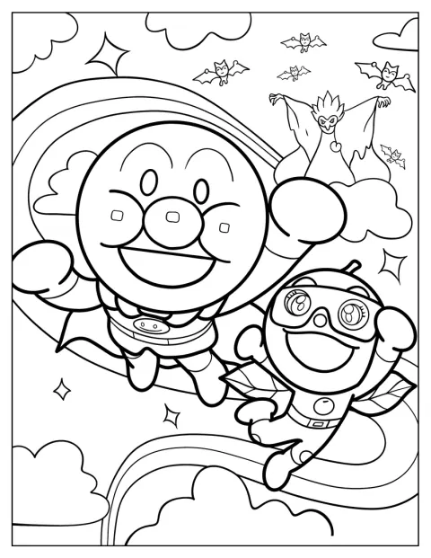 Anpanman i Apple Boy lecą razem wysoko w powietrzu.