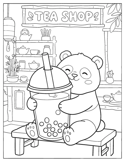 Um panda abraça um copo gigante de chá de tapioca.