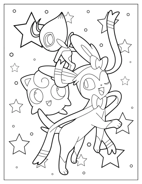 Nymphali se tient avec Celebi et Rondoudou.