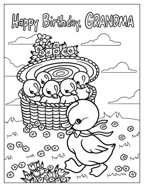 Unos patitos asoman de una cesta junto al mensaje «Feliz cumpleaños, abuela».