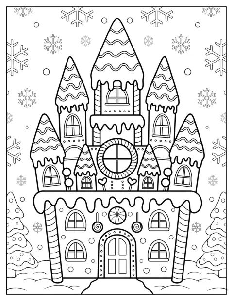 Gingerbread House Coloring Page of Castle with Candy Towers and Icing Roof