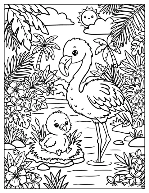 Mother Flamingo Watching Her Chick in a Tropical Nest Coloring Page for Kids