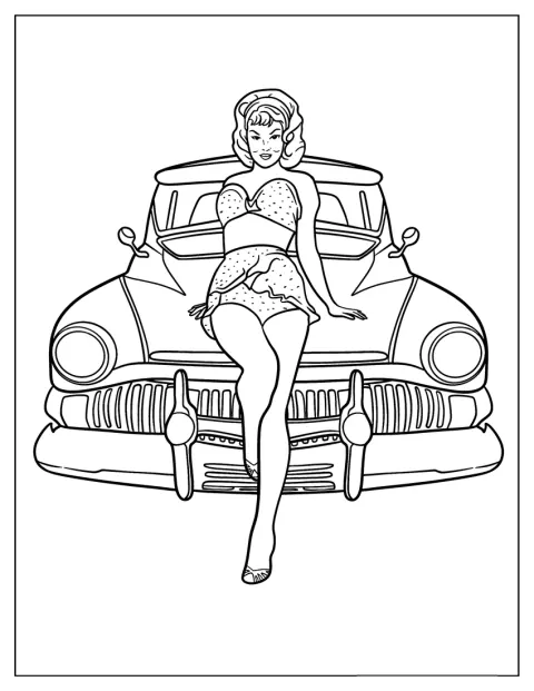 Vor einem Hot Rod posiert ein Model.