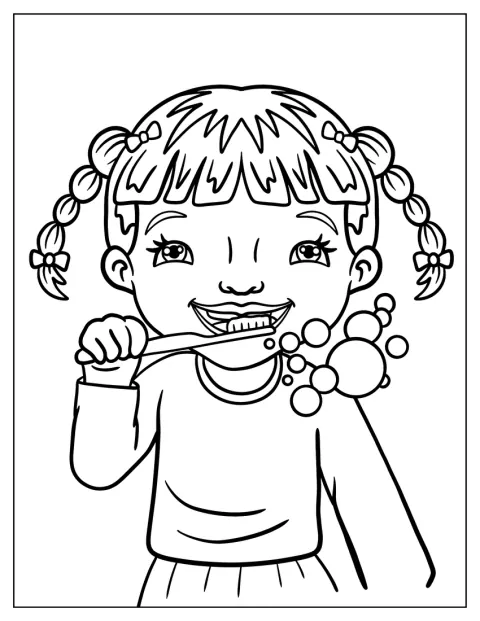 三つ編みの女の子が、歯ブラシで歯をみがいています。