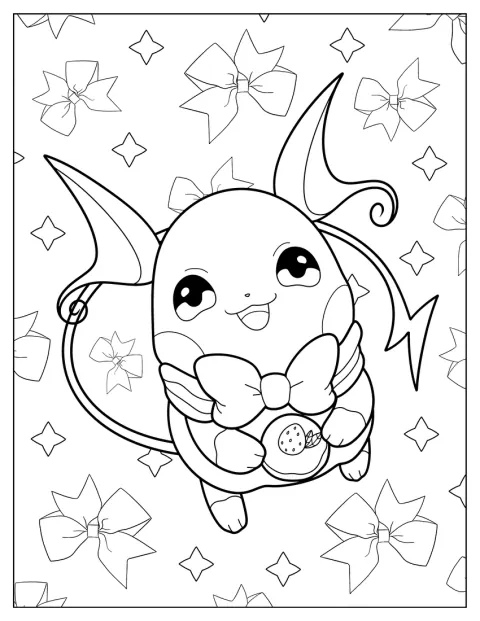 Raichu har en sløjfe på og holder en cupcake.