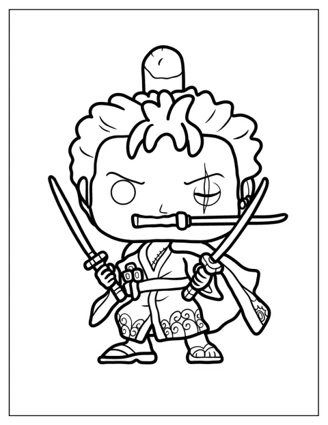Zoro v podobě figurky Funko Pop drží své meče.