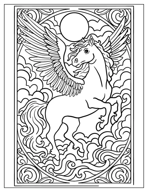 En detaljeret pegasus med bølgende manke står foran en strålende sol.