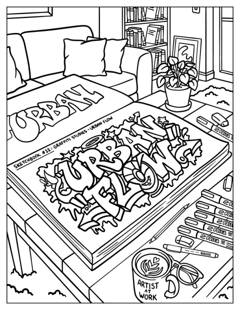 Otwarty szkicownik z literami wildstyle leży obok przyborów artystycznych.
