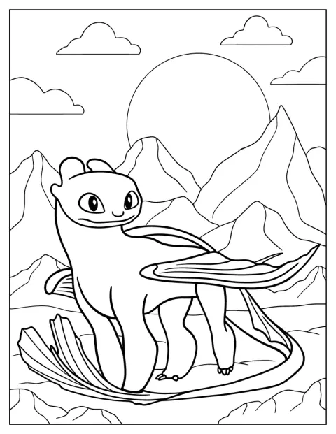 Toothless aparece de perfil en un dibujo de líneas sencillas.