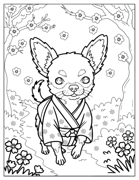 Un chihuahua pasea con un kimono floral bajo los cerezos en flor.