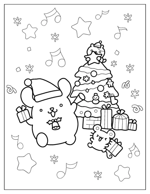 Pompompurin en Scone houden samen kerstcadeaus vast.