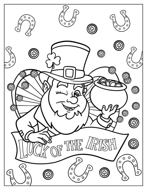 Neben einem Topf voller Gold steht ein Leprechaun zum St. Patrick’s Day.