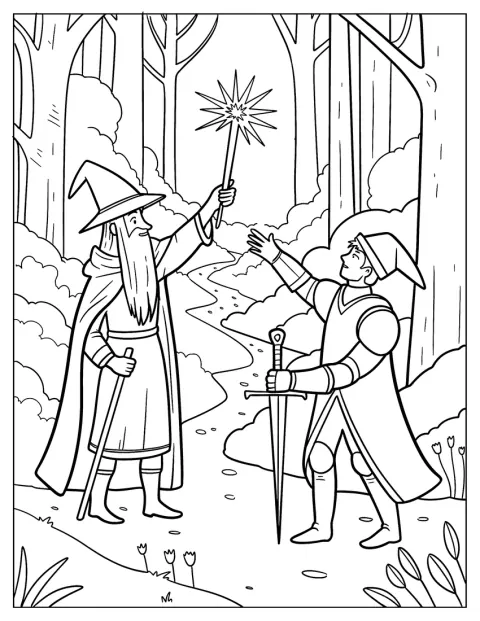 In una foresta incantata, un mago benedice un giovane cavaliere con la magia.