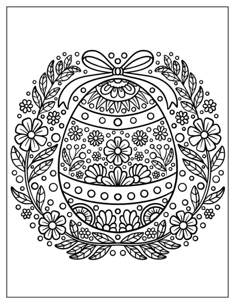 Un huevo decorado con un mandala, un lazo y una corona ocupa el centro.