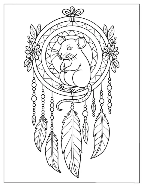Rat Coloring Page Sitting Inside a Dreamcatcher with Flowers and Hanging Feathers