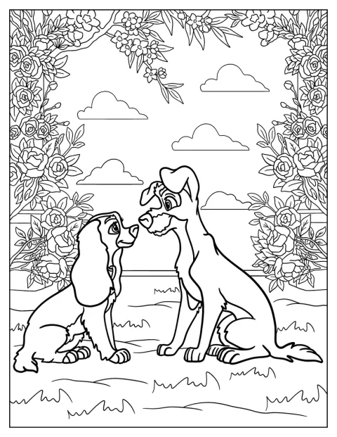 Susi und Strolch stehen gemeinsam in einem blühenden Garten.