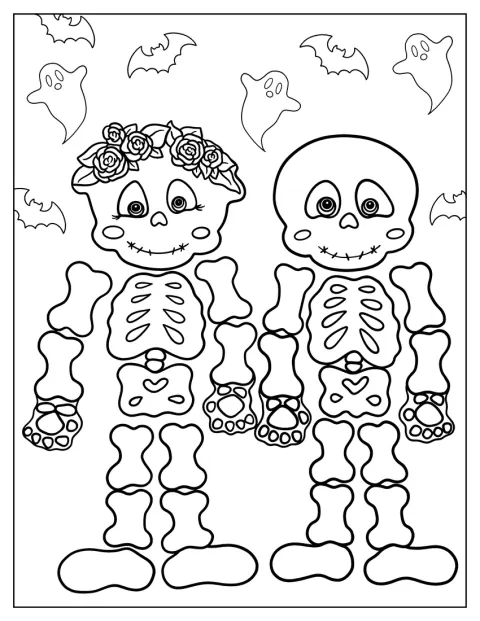 Een skeletbruid en -bruidegom staan samen klaar voor hun bruiloft.
