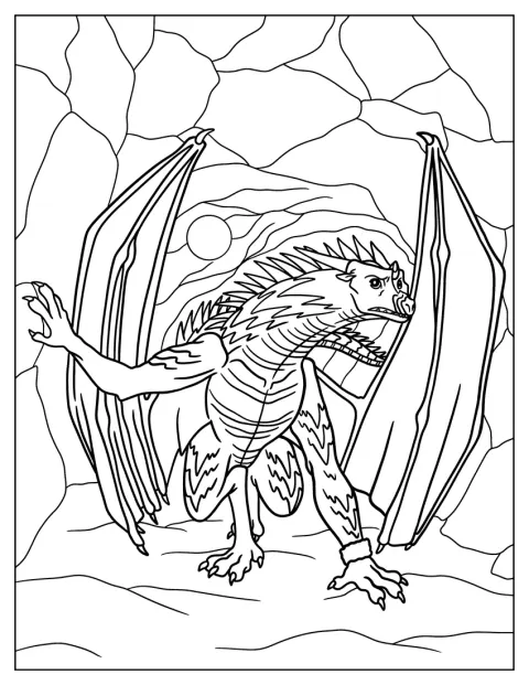 Un dragón de Alas de fuego se refugia del invierno dentro de una cueva.