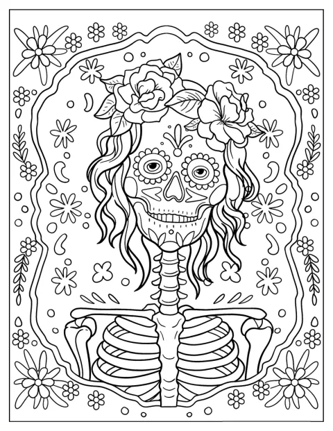 Una calavera de azúcar con pelo aparece ante un fondo floral.